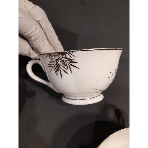 Vintage Hayasi Kutani Metallic Silver Mt Fuji Footbridge Teacups , Set of 7 - Picture 3 of 9